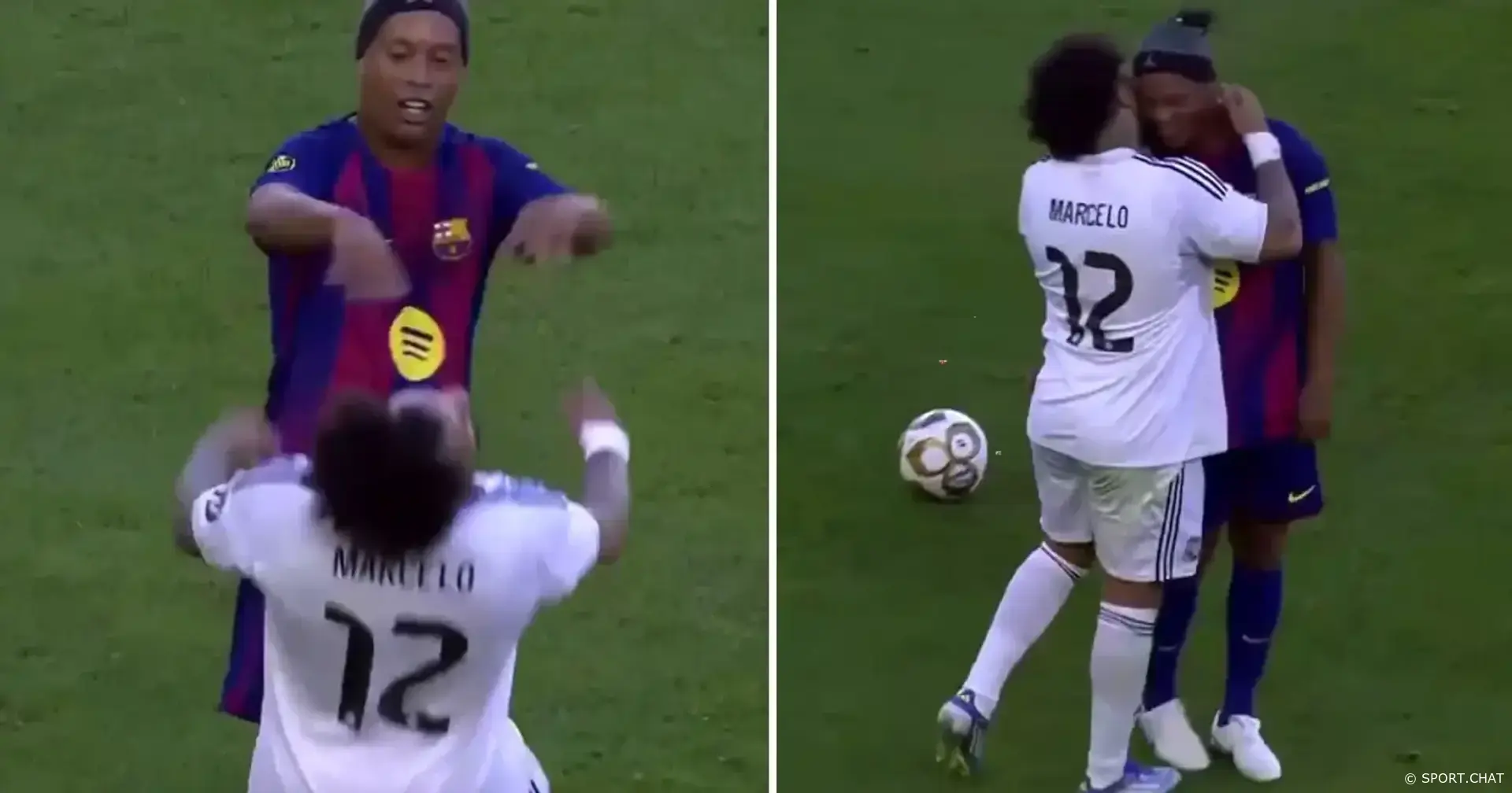 «Реал Мадрид» — «Барселона»: Марсело и Роналдиньо разыграли эпизод «Эль Класико» на матче легенд.Видео.