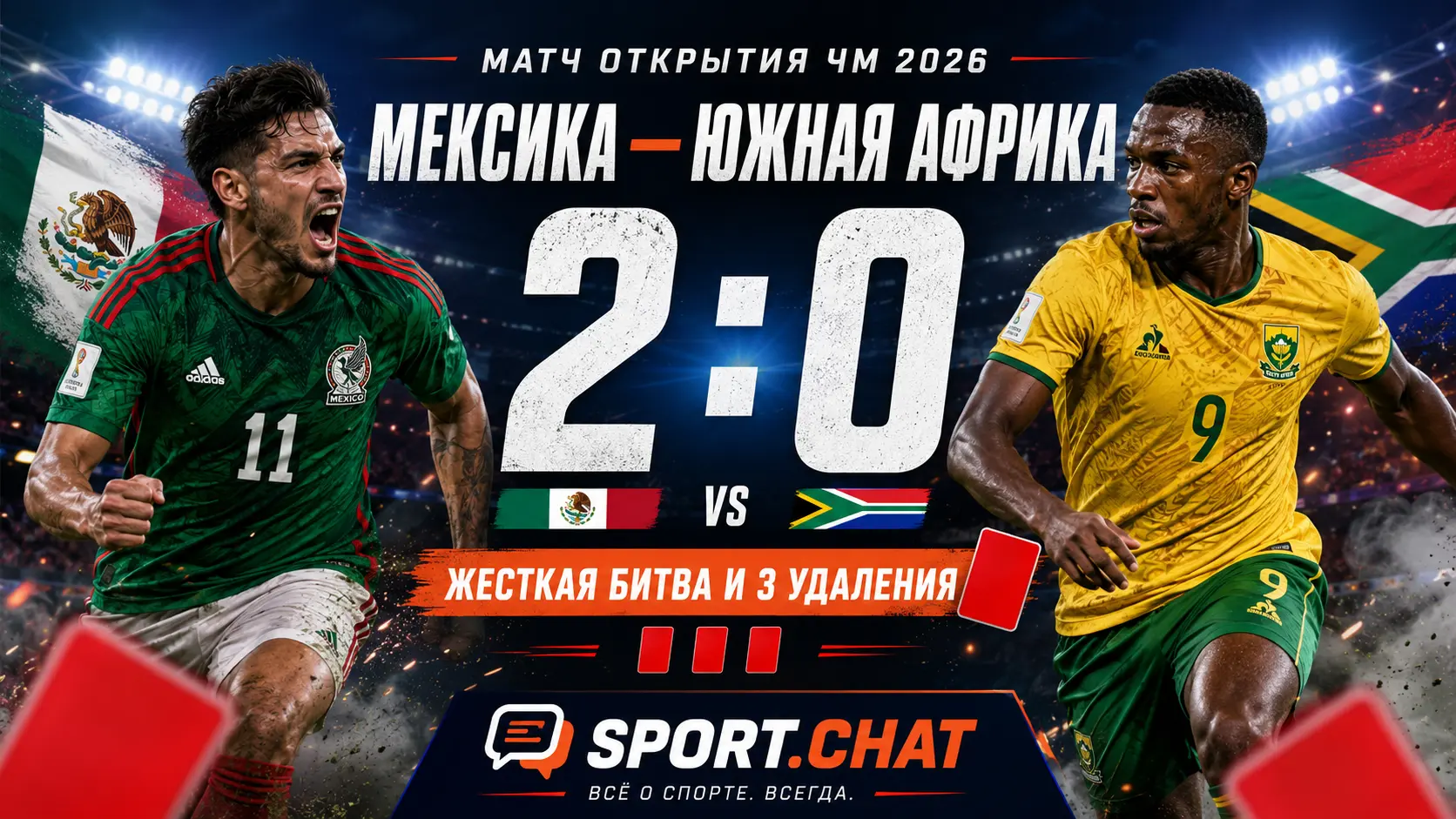 Мексика открыла ЧМ-2026: победа над Южной Африкой, три удаления и жаркая битва до финального свистка