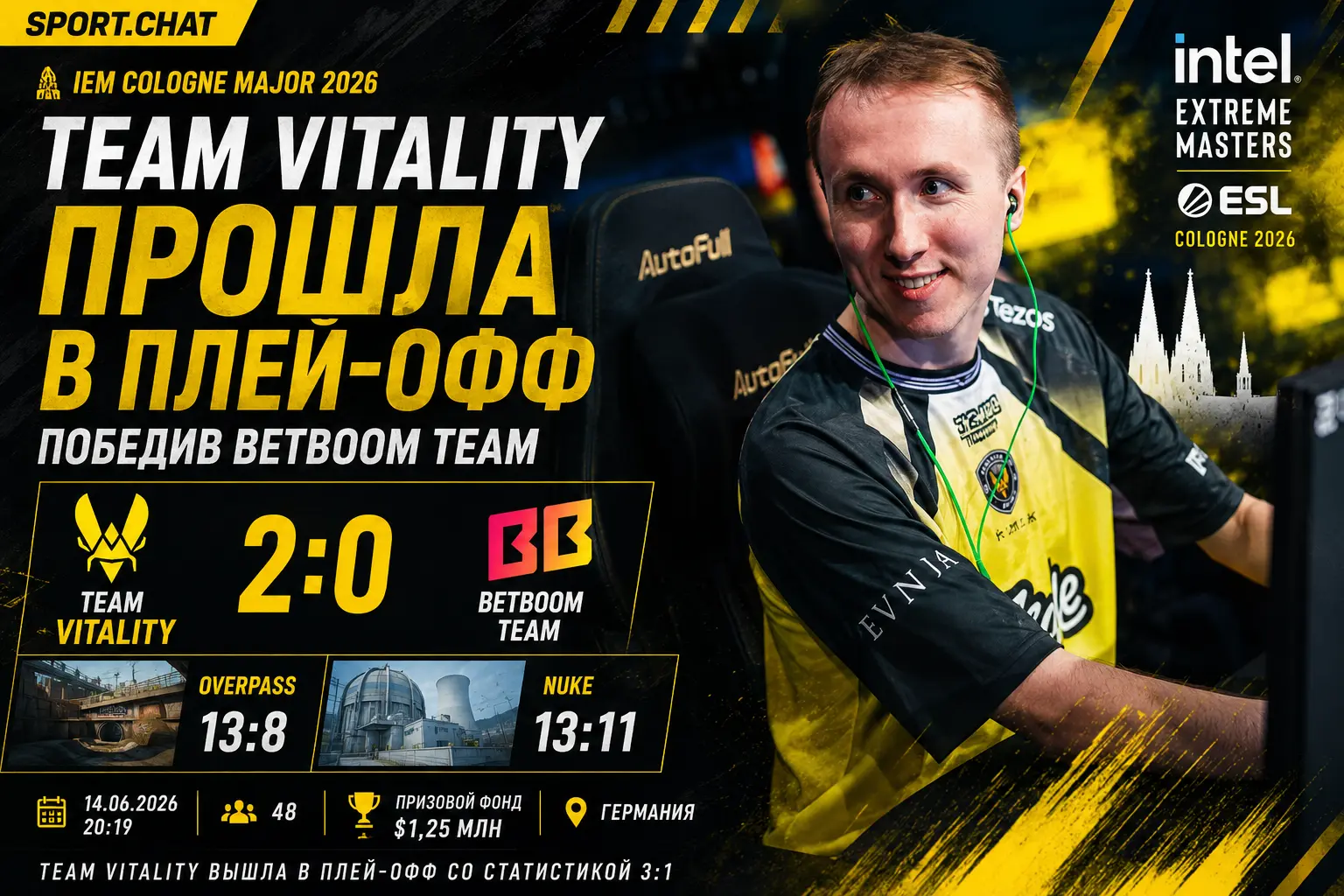 Team Vitality вышла в плей-офф IEM Cologne Major 2026 после победы над BetBoom Team