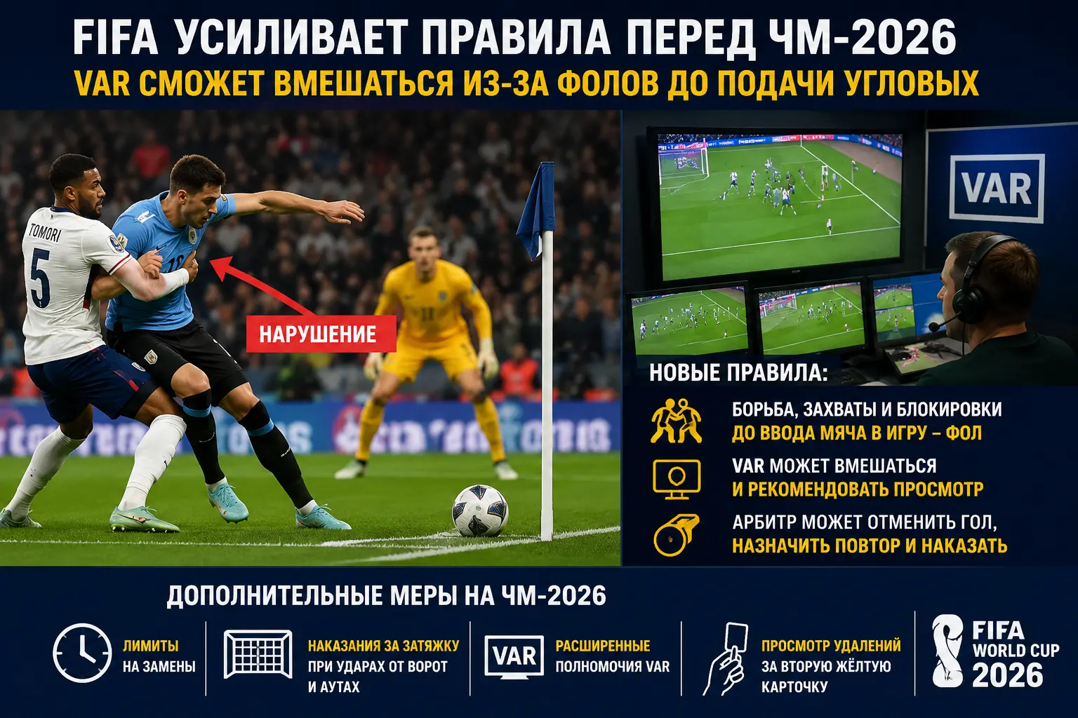 FIFA усиливает контроль перед ЧМ-2026: VAR сможет вмешиваться из-за фолов до подачи угловых