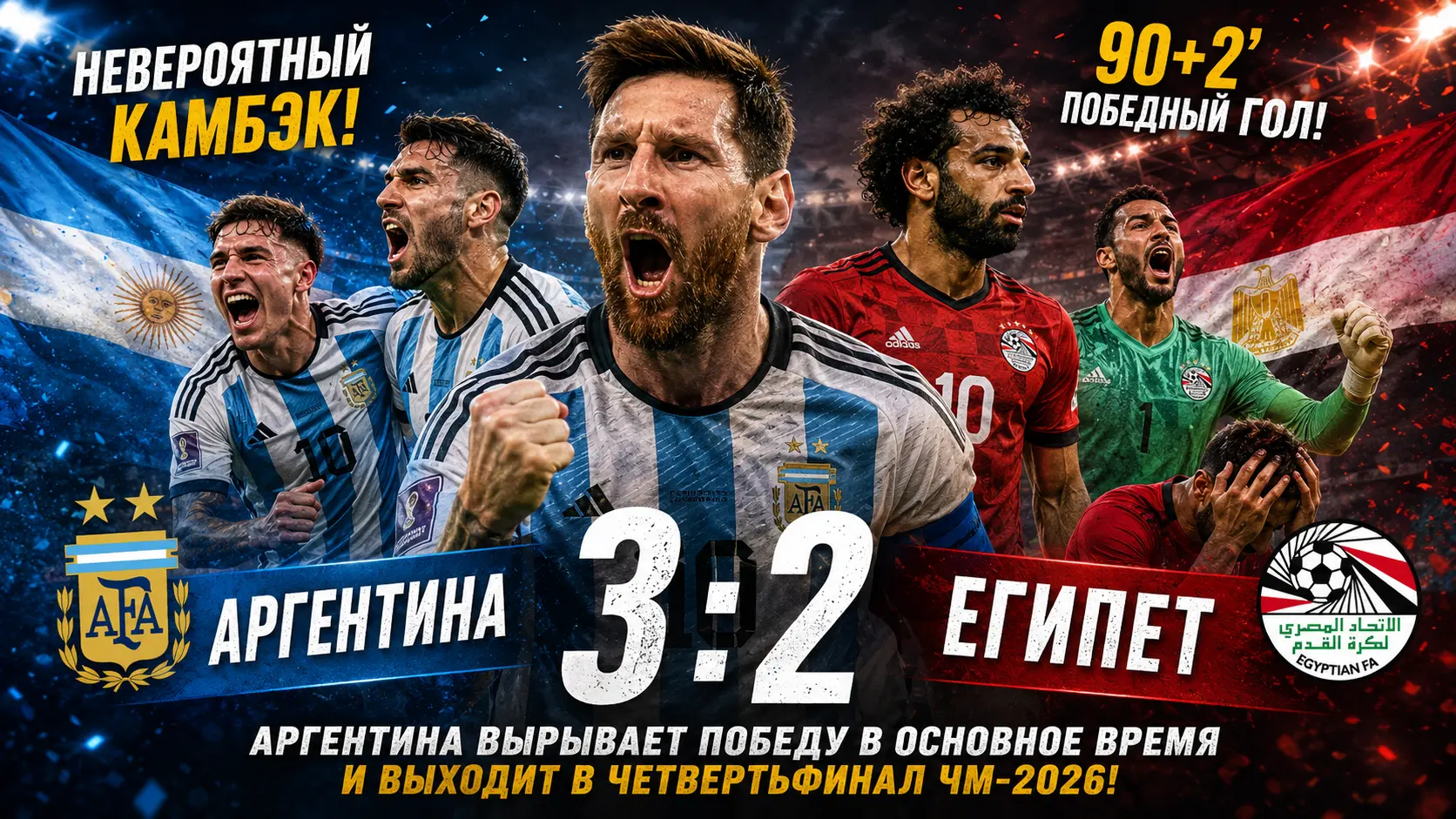 Аргентина сотворила безумный камбэк: от 0:2 до победы над Египтом в основное время