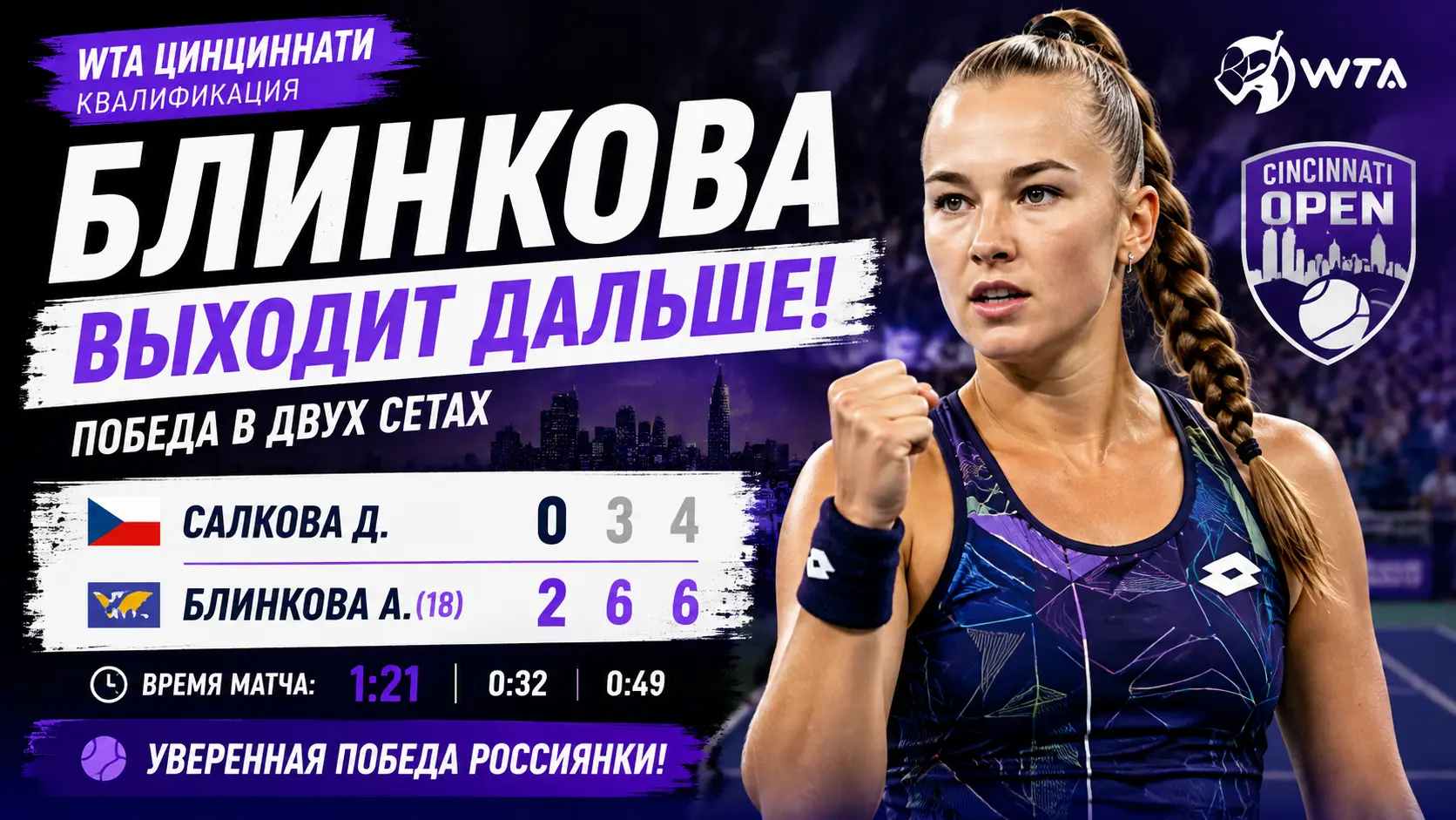 Анна Блинкова обыграла Доминику Салкову и прошла дальше в квалификации турнира в Цинциннати