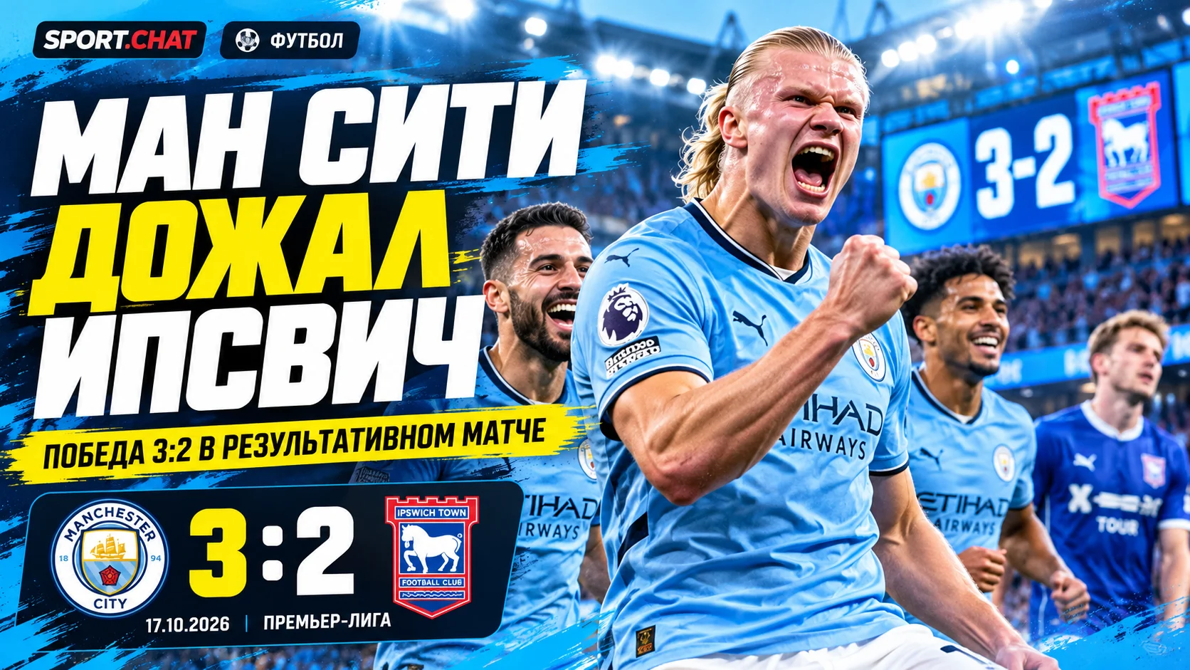 «Манчестер Сити» обыграл «Ипсвич» — 3:2. Холанд оформил дубль