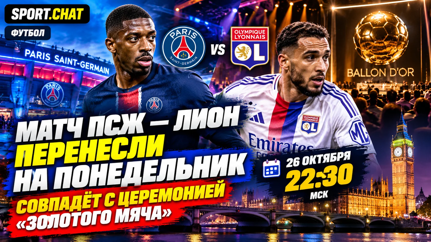 Матч «ПСЖ» — «Лион» официально перенесли на 26 октября: игра совпадёт с церемонией «Золотого мяча»