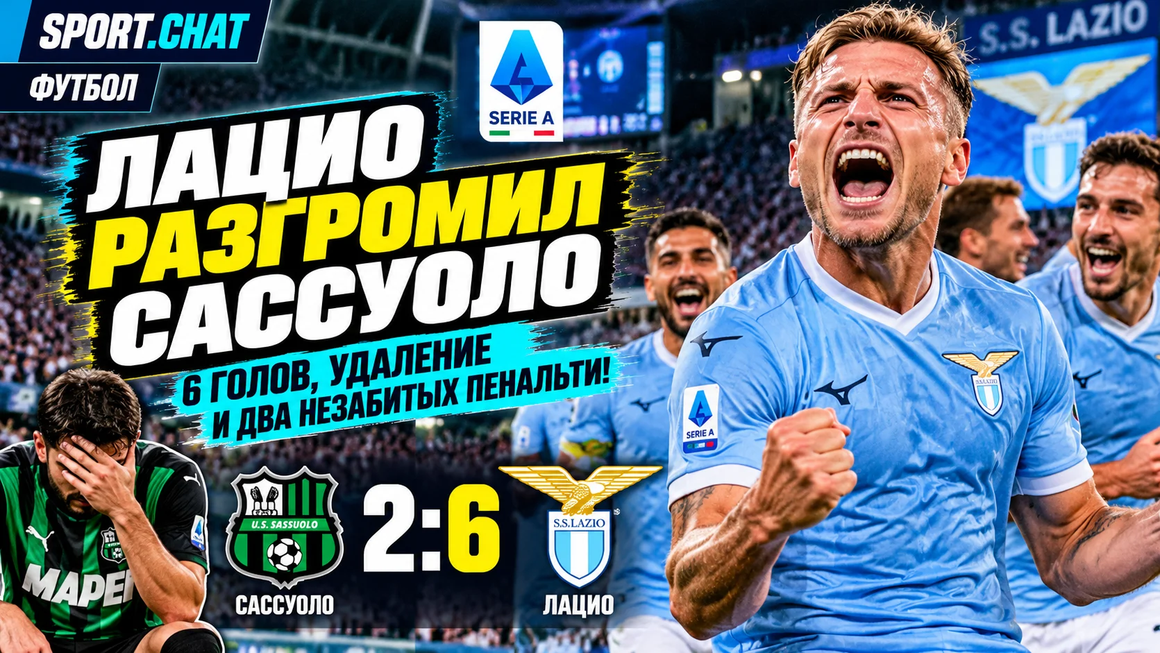 «Лацио» разгромил «Сассуоло» — 6:2! Шесть голов, удаление и два незабитых пенальти в безумном матче Серии А