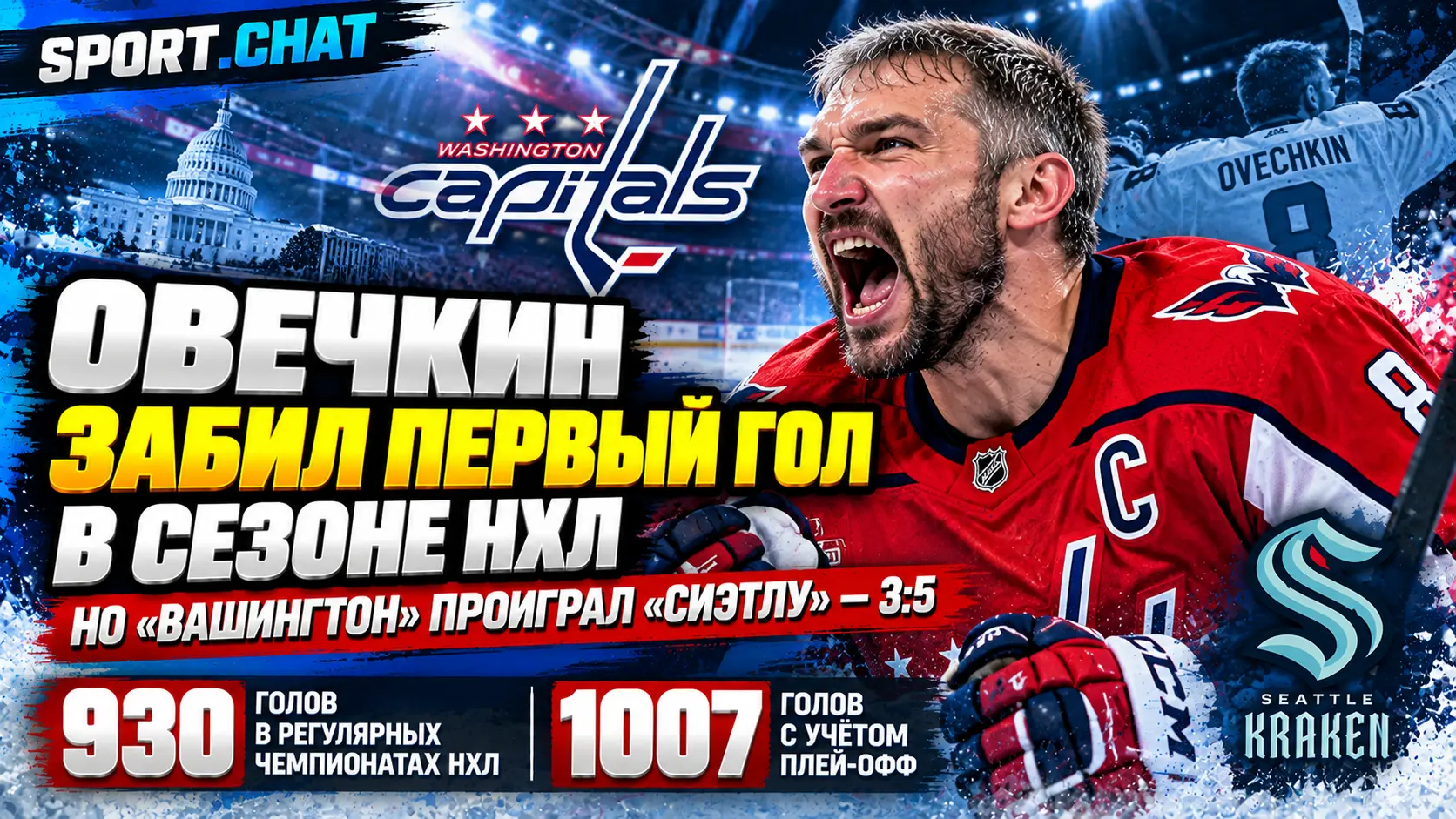 Овечкин забил первый гол в сезоне, но «Вашингтон» проиграл «Сиэтлу» — 3:5